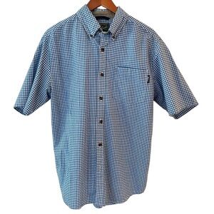 WOOLRICH GINGHAM POPLIN BLUE & WHITE SS SHIRT PATCH POCKET W/ LOGO SZ MEDIUM